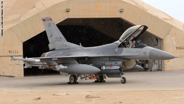 A pilotsits in a US F16 jet fighter at the al-Asad Air Base, west the capital  Baghdad,  as soldiers begin to begin their journey home out of Iraq, on November 1, 2011.  The massive logistical operation has to be finished by December 31, in line with a security pact between Baghdad and Washington which will see the year-end with drawl of troops from Iraq. Currently there are around 39,000 American soldiers remaining in Iraq, stationed on 15 bases, that compares to peak figures of nearly 170,000 soldiers and 505 bases in 2007 and 2008.  AFP PHOTO/ALI AL-SAADI (Photo credit should read ALI AL-SAADI/AFP/Getty Images)