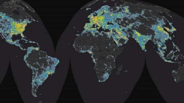 استخدمت بيانات الأقمار الصناعية وقياسات أرضية لتصميم خريطة عالمية للتلوث الضوئي 