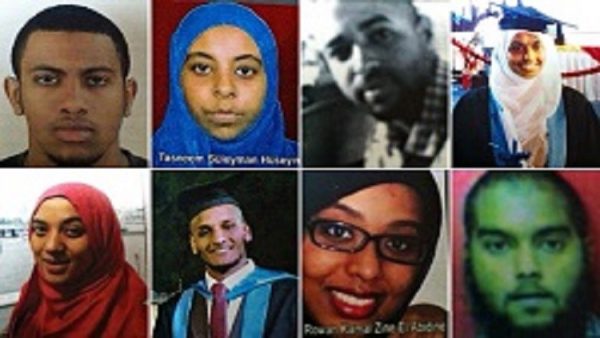 (روان) الثانية من (اليمين) في الصف الثاني لصور تضم فوجا غادر الخرطوم في صيف 2015 للالتحاق بداعش
