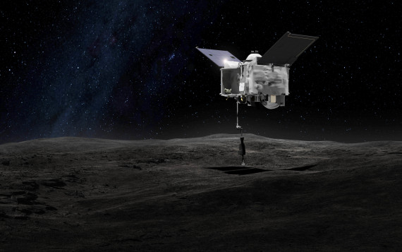 This artist's rendering made available by NASA on Tuesday, Sept. 6, 2016 shows the Origins Spectral Interpretation Resource Identification Security - Regolith Explorer (OSIRIS-REx) spacecraft contacting the asteroid Bennu with the Touch-And-Go Sample Arm Mechanism. The mission, planned for launch on Thursday, Sept. 8, 2016, aims to return a sample of Bennu's surface to Earth for study as well as return detailed information about the asteroid and its trajectory. (NASA/Goddard Space Flight Center via AP)